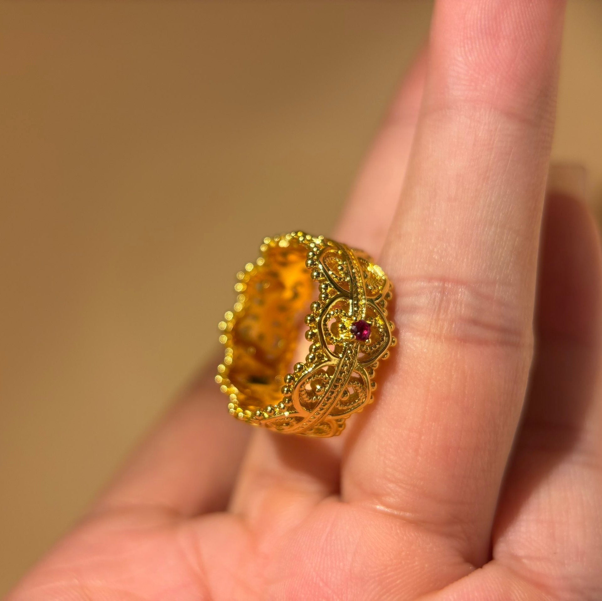 Vintage 18K Gold Plated Ruby Lace Ring | Royal Filigree Crown Band, Boho Chic Statement Jewelry for Women - Doraflora