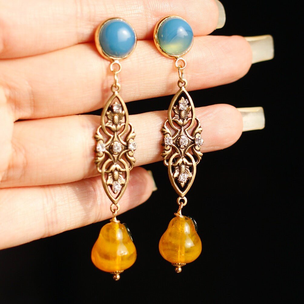 Vintage Blue Agate & Amber Gourd Drop Earrings – Antique Gold Filigree & Crystal Accents Product Description - Doraflora