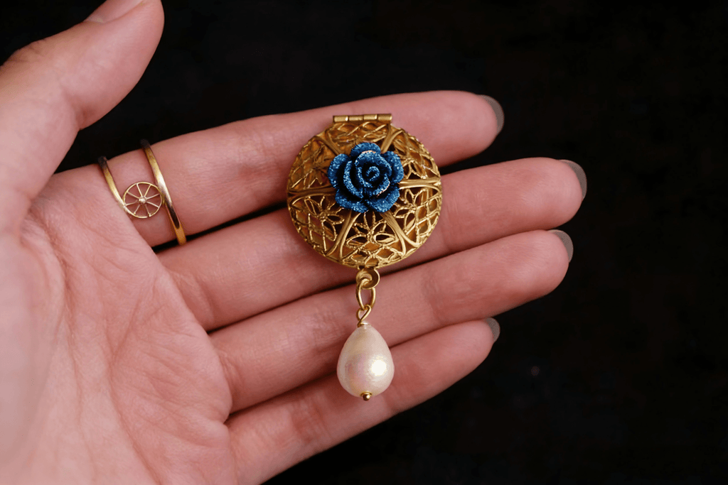Vintage Blue Rose Filigree Locket Brooch | Pearl Drop Antique Jewelry - Doraflora