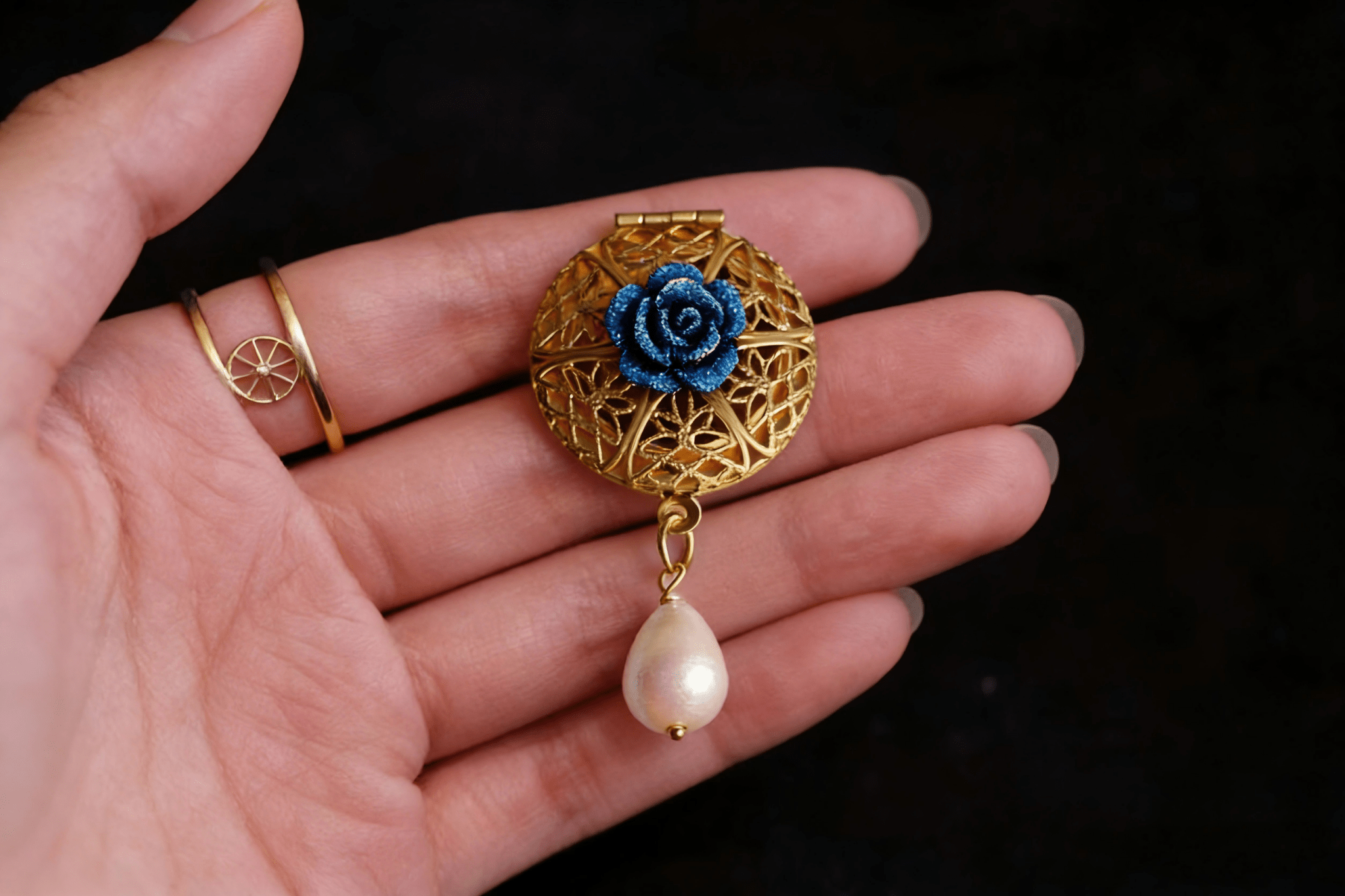 Vintage Blue Rose Filigree Locket Brooch | Pearl Drop Antique Jewelry - Doraflora