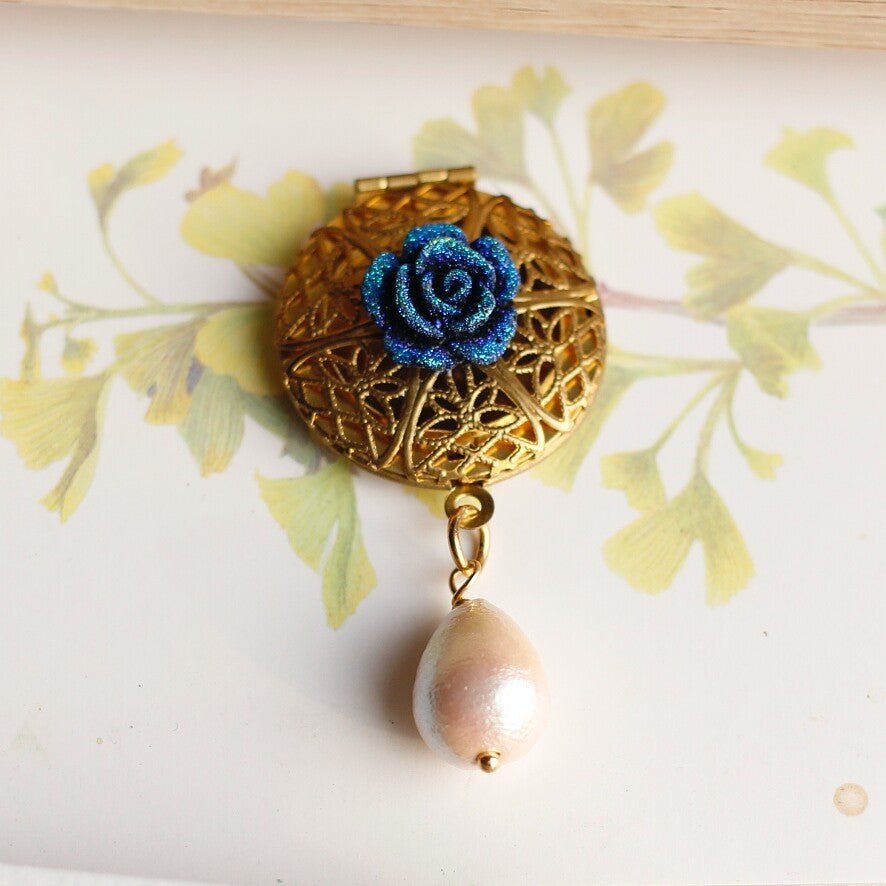 Vintage Blue Rose Filigree Locket Brooch | Pearl Drop Antique Jewelry - Doraflora