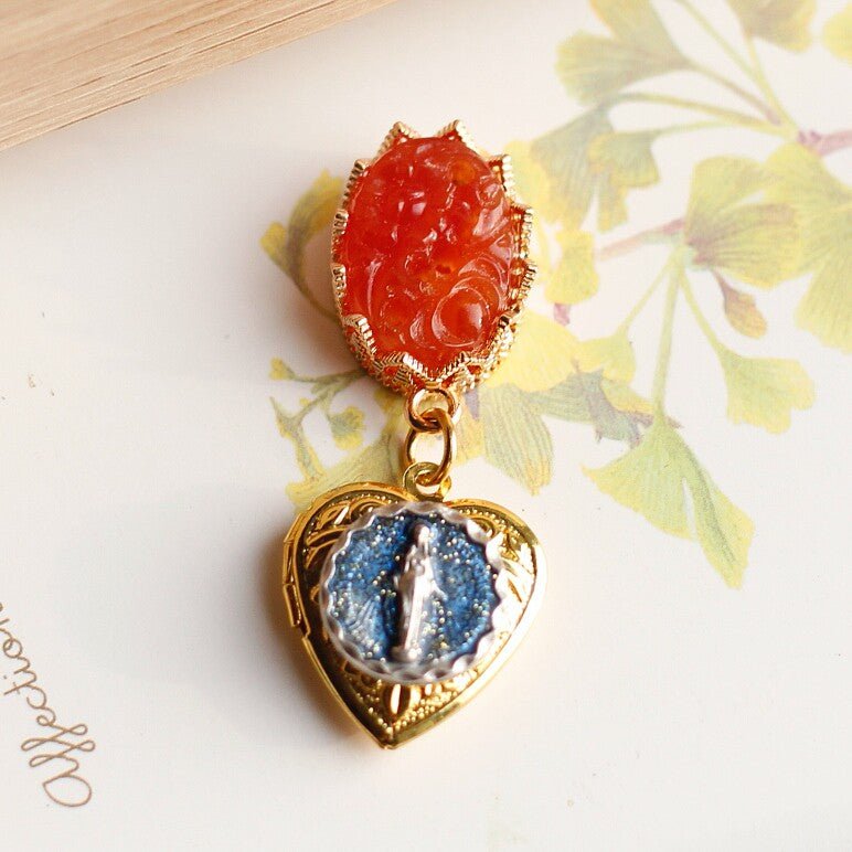 Vintage Carnelian Heart Locket Brooch | Religious Virgin Mary Jewelry - Doraflora