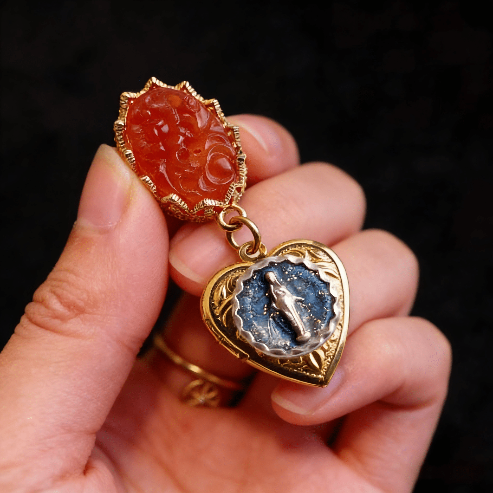 Vintage Carnelian Heart Locket Brooch | Religious Virgin Mary Jewelry - Doraflora