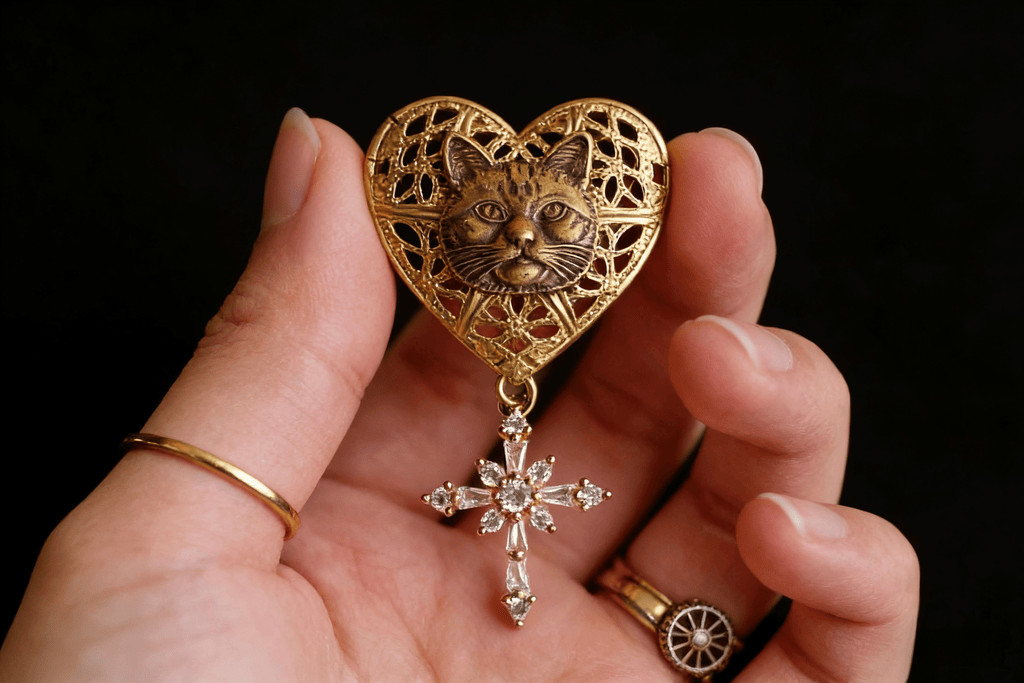 Vintage Cat Head Heart Locket Brooch | Crystal Cross Gothic Jewelry - Doraflora