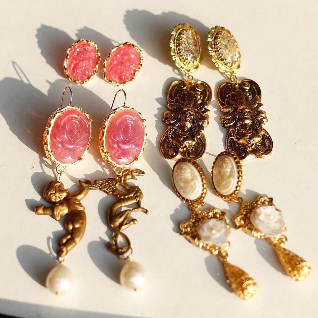 Vintage Chief Head Drop Earrings | Iridescent Glass & Antique Gold - Doraflora