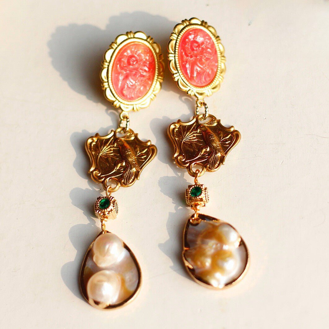 Vintage Coral Cameo Bird Drop Earrings – Baroque Pearl & Emerald Accent - Doraflora