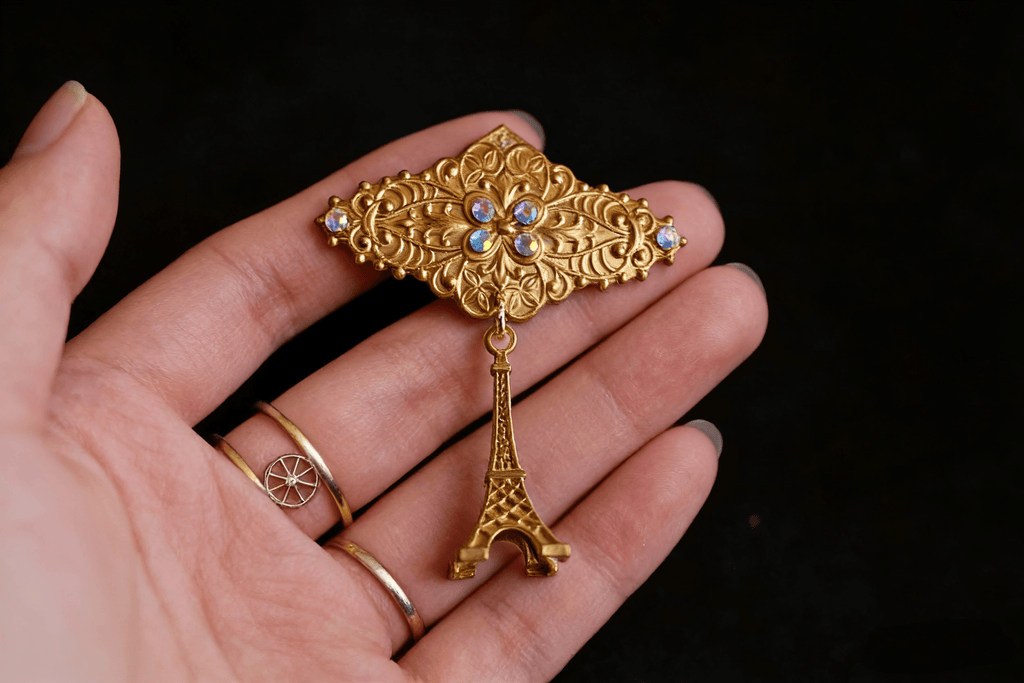 Vintage Eiffel Tower Filigree Brooch | Aurora Crystal Parisian Jewelry - Doraflora