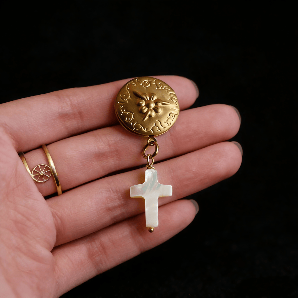 Vintage Floral Locket Brooch | Mother of Pearl Cross Jewelry - Doraflora