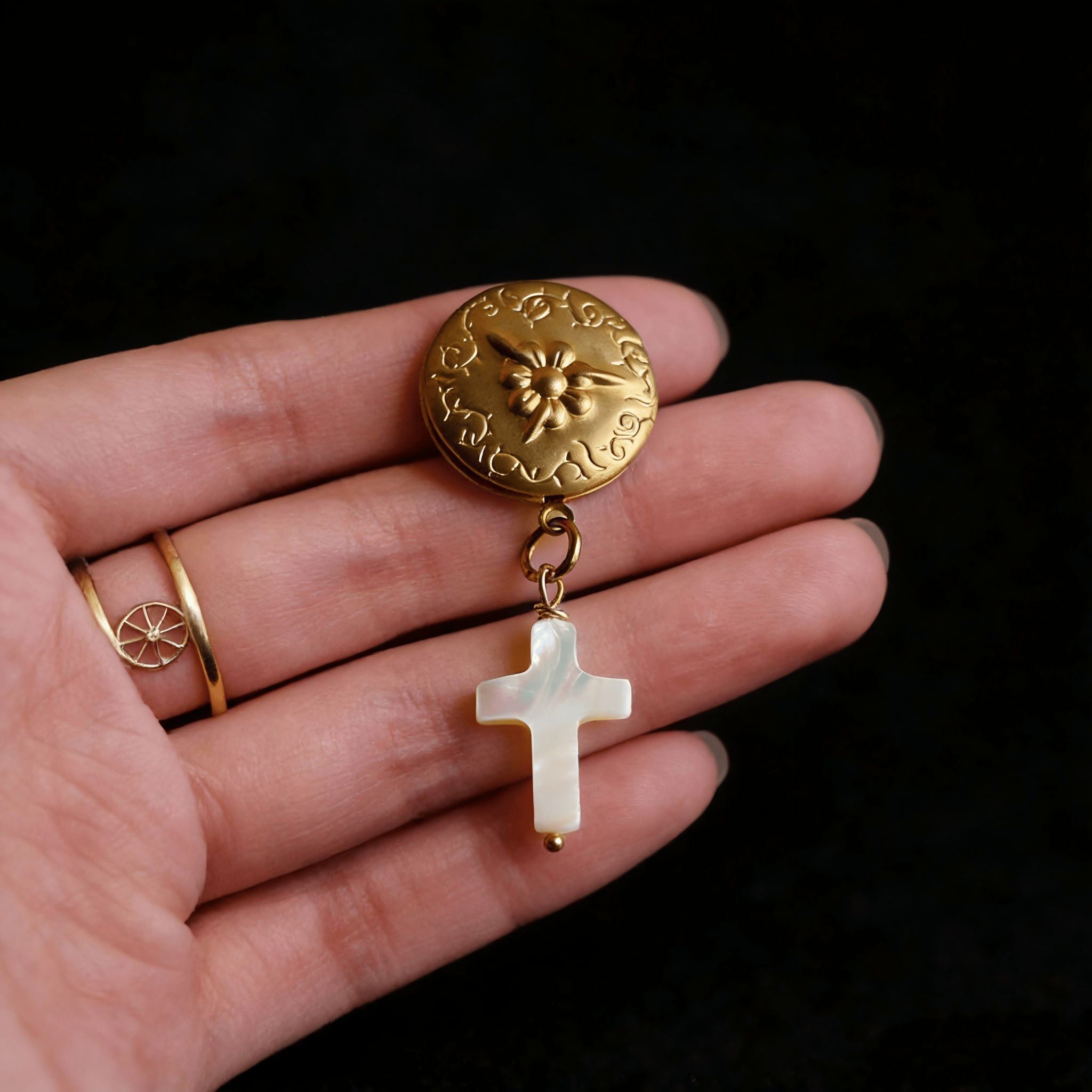 Vintage Floral Locket Brooch | Mother of Pearl Cross Jewelry - Doraflora
