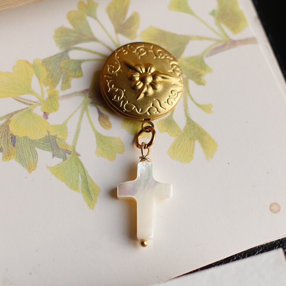 Vintage Floral Locket Brooch | Mother of Pearl Cross Jewelry - Doraflora