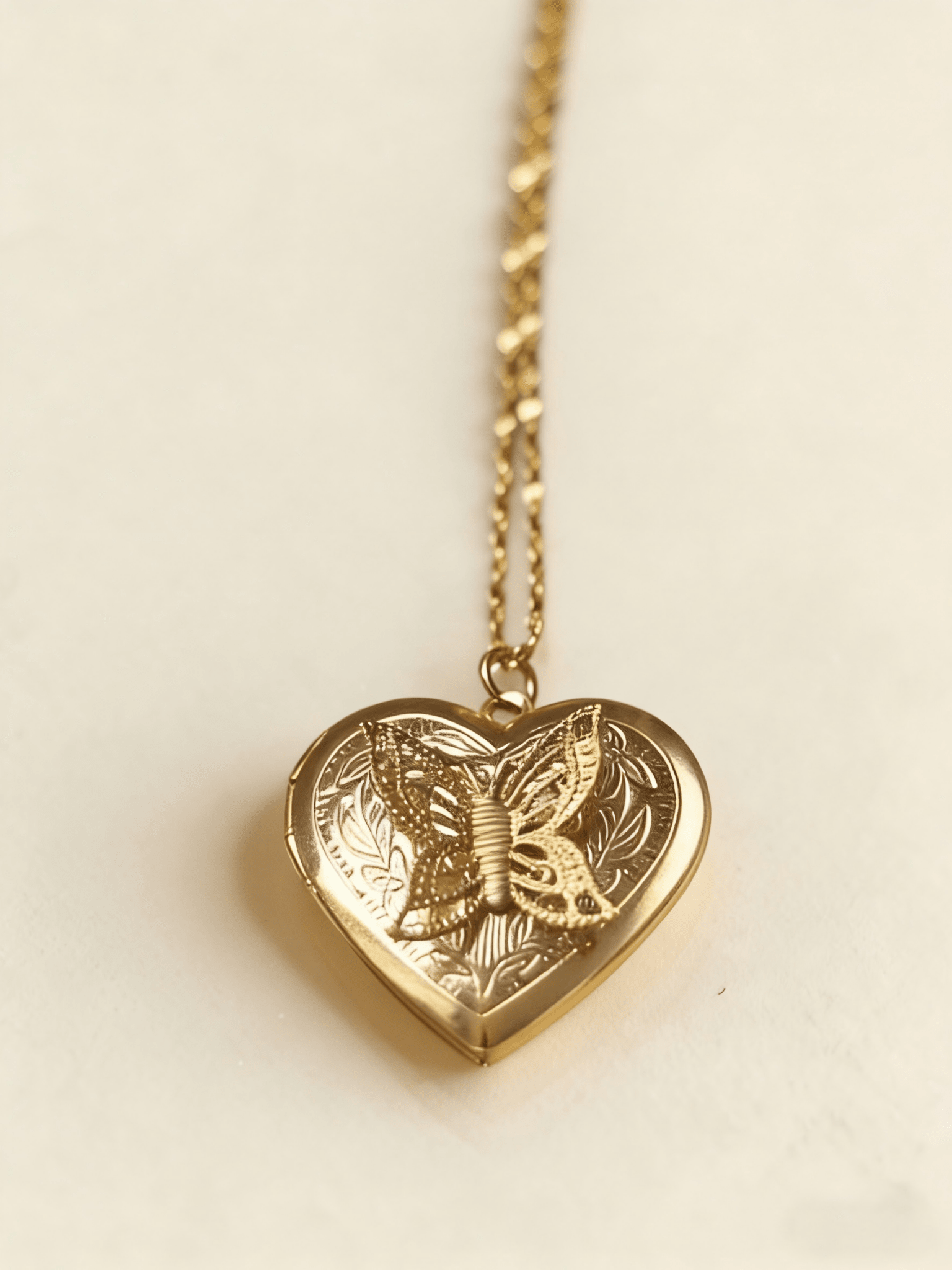 Vintage Gold Heart Locket Necklace with Butterfly | Dainty Photo Keepsake - Doraflora