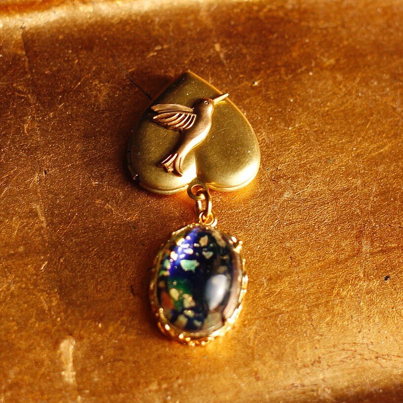 Vintage Gold Hummingbird Heart Brooch | Iridescent Stone Drop - Doraflora