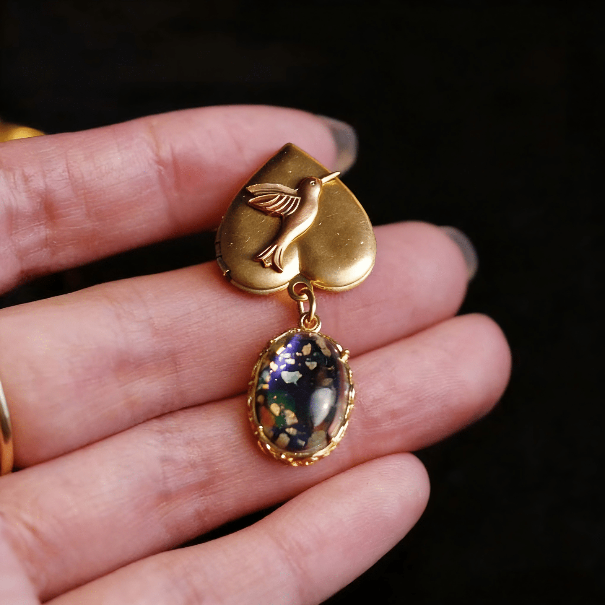Vintage Gold Hummingbird Heart Brooch | Iridescent Stone Drop - Doraflora