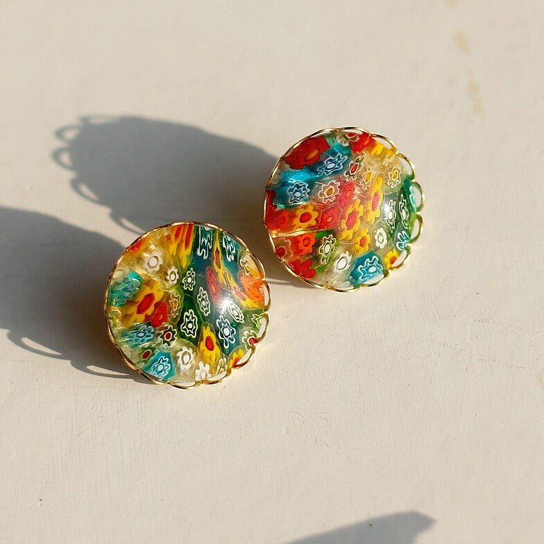 Vintage Murano Millefiori Stud Earrings – Colorful Floral Glass & Gold - Tone Scalloped Frame - Doraflora