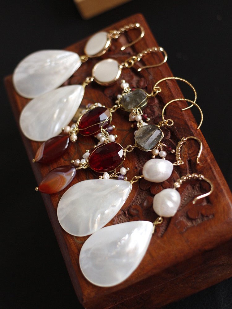 Vintage Natural Moonstone & Agate Earrings | Luxury Mid - Century Style | Celebrity Inspired - Doraflora