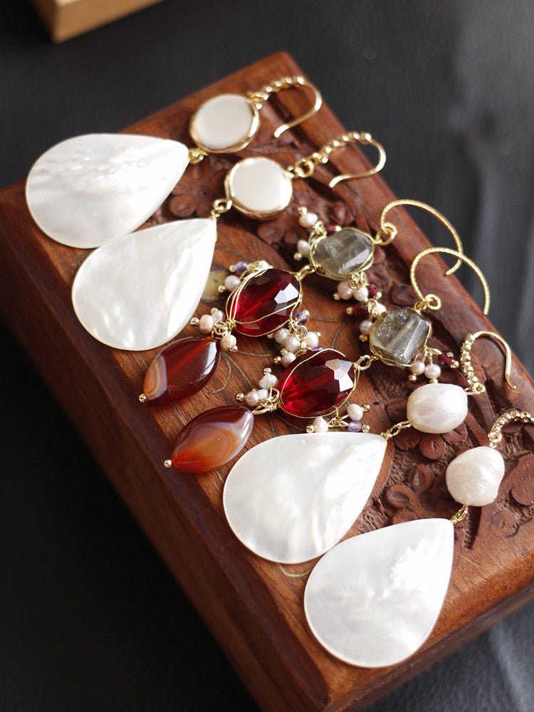 Vintage Natural Moonstone & Agate Earrings | Luxury Mid - Century Style | Celebrity Inspired - Doraflora