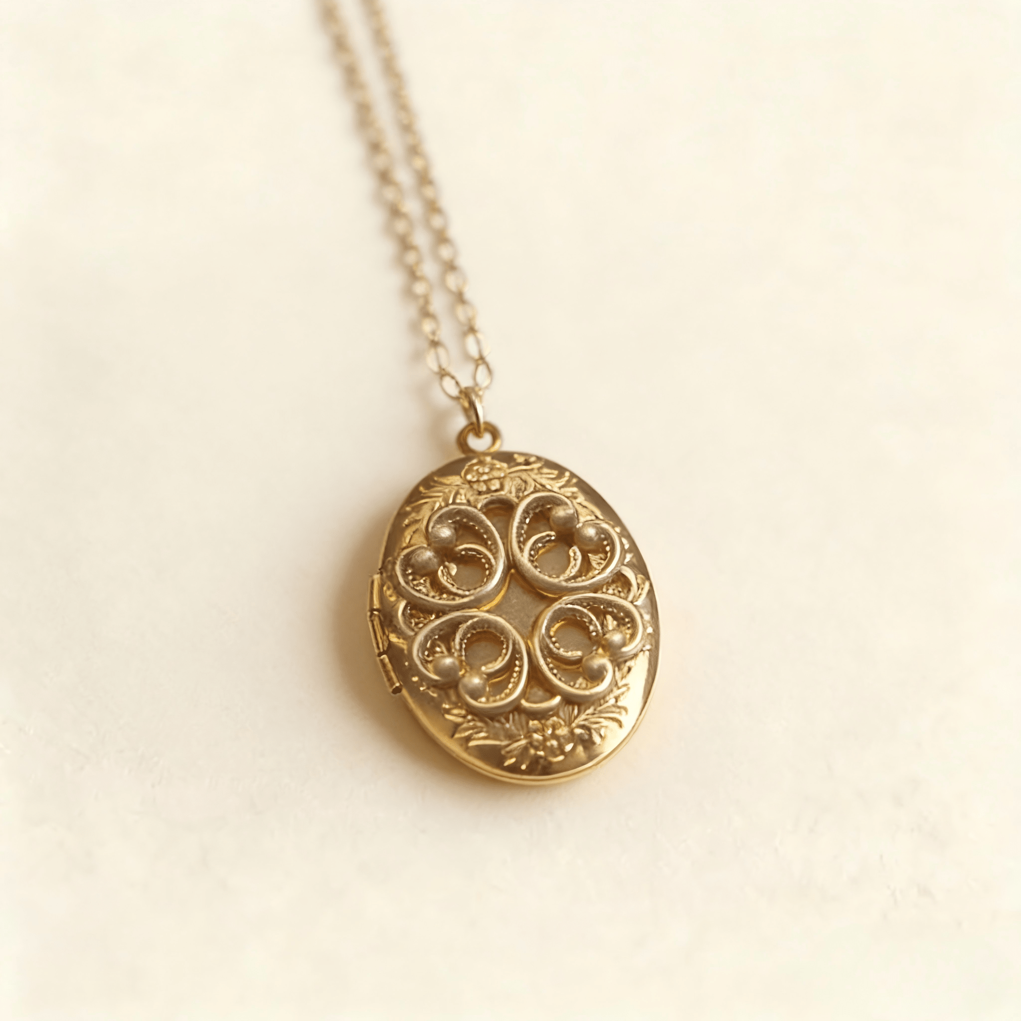Vintage Oval Gold Locket Necklace with Ornate Scrollwork | Antique Photo Keepsake Jewelry - Doraflora