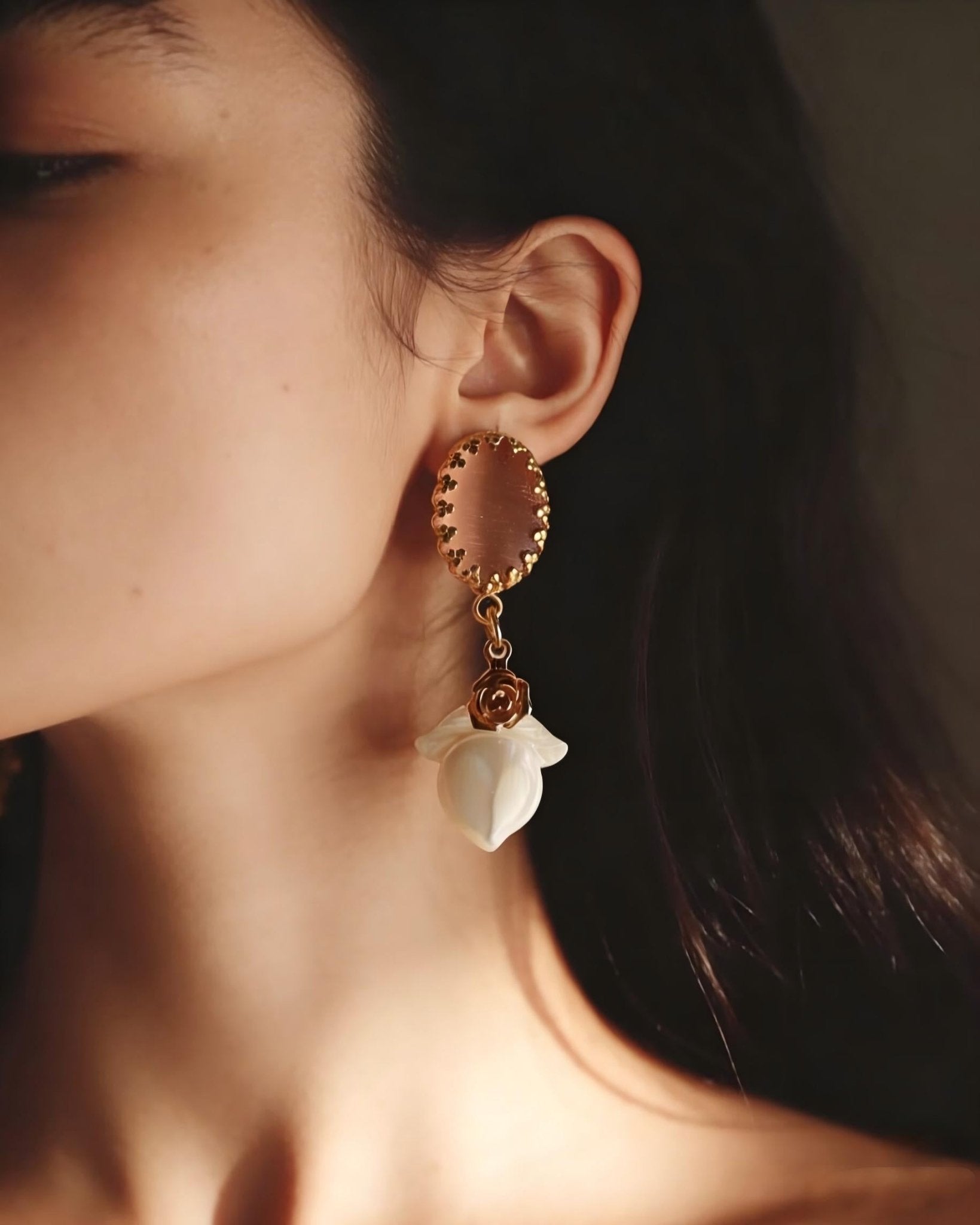 Vintage Peach Cat's Eye Drop Earrings – Mother - of - Pearl & Gold Rose Accent - Doraflora
