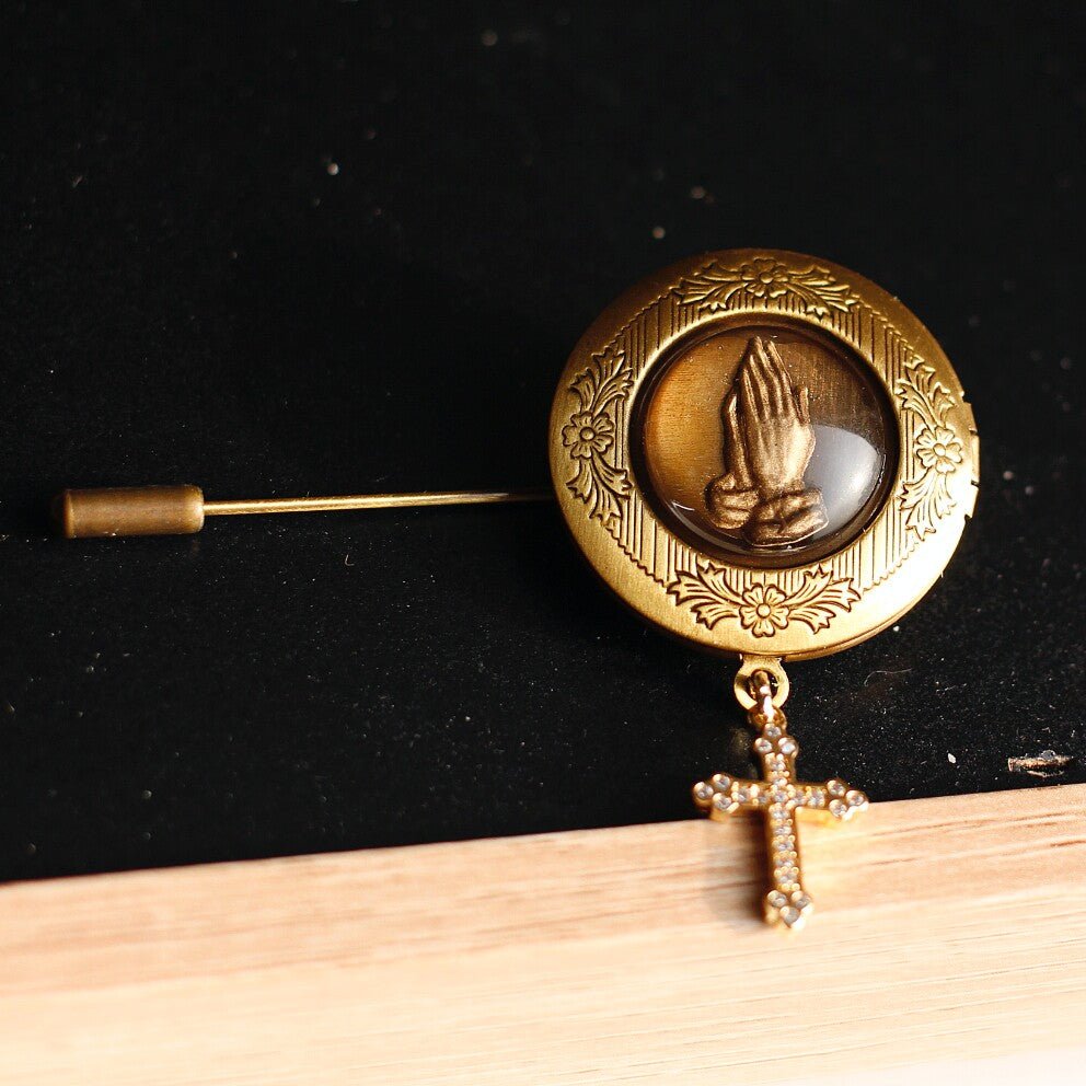 Vintage Praying Hands Locket Pin | Crystal Cross Religious Jewelry - Doraflora