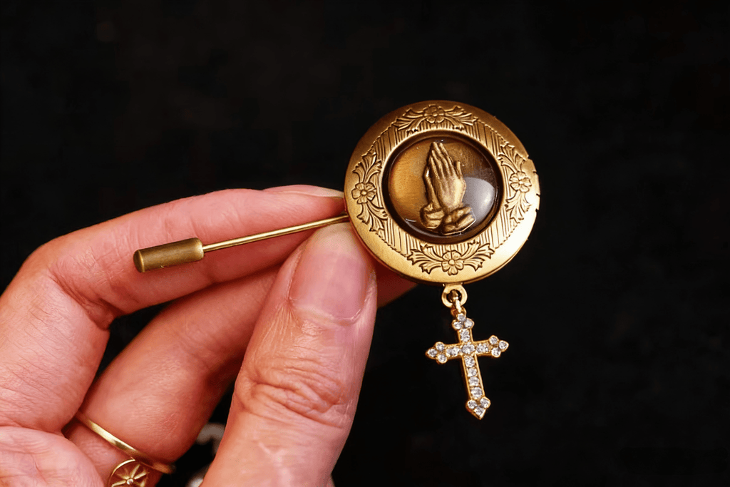 Vintage Praying Hands Locket Pin | Crystal Cross Religious Jewelry - Doraflora