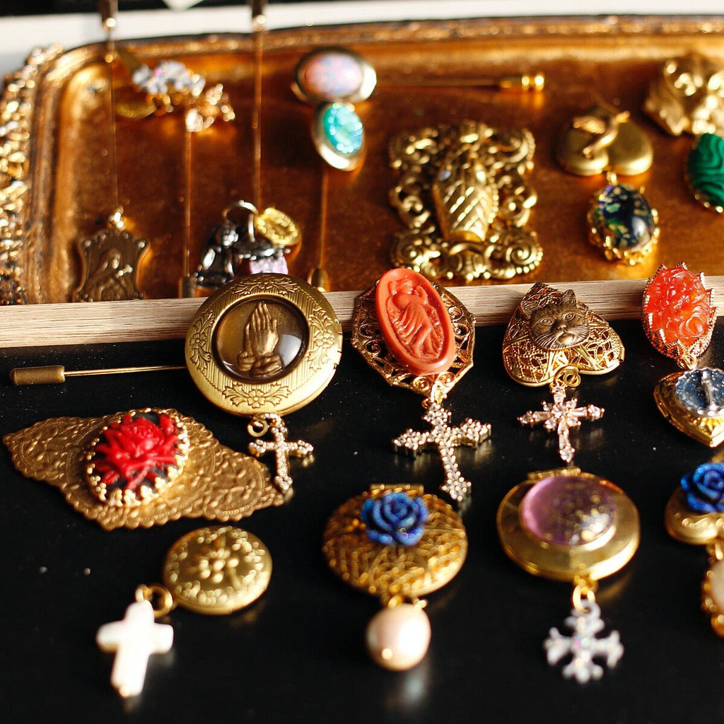 Vintage Purple Resin Locket Brooch | Crystal Cross Gothic Jewelry - Doraflora