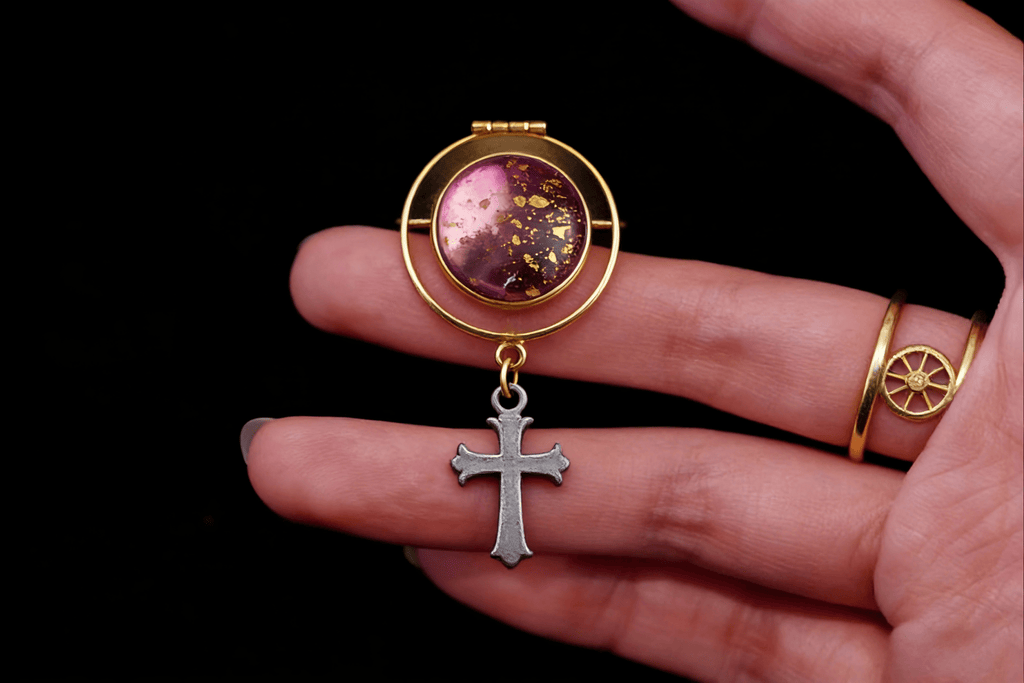 Vintage Purple Resin Locket Brooch | Crystal Cross Gothic Jewelry - Doraflora