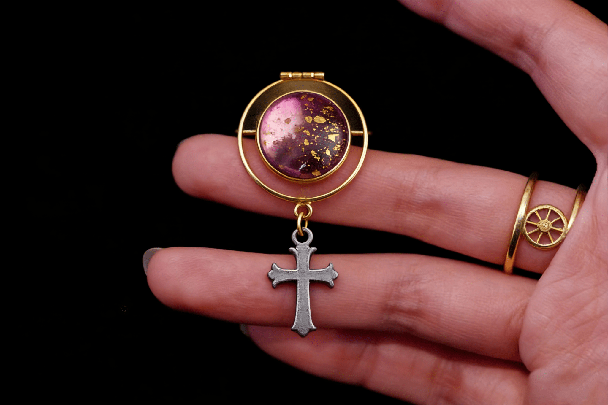 Vintage Purple Resin Locket Brooch | Crystal Cross Gothic Jewelry - Doraflora