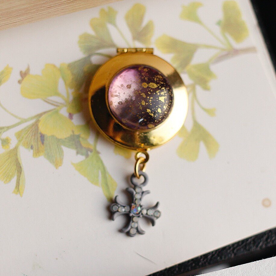 Vintage Purple Resin Locket Brooch | Crystal Cross Gothic Jewelry - Doraflora