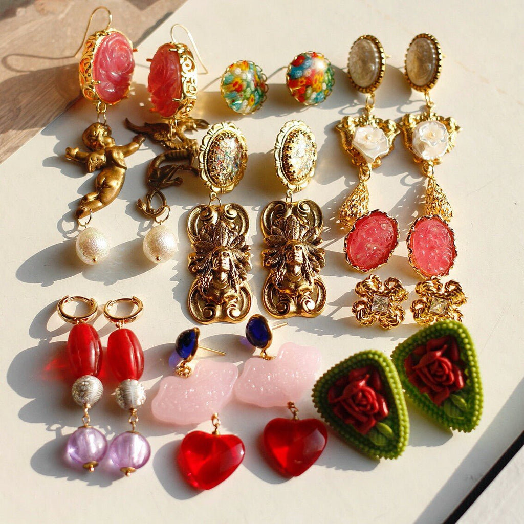 Vintage Red & Green Glass Heart Drop Earrings – Antique Gold - Tone Filigree - Doraflora