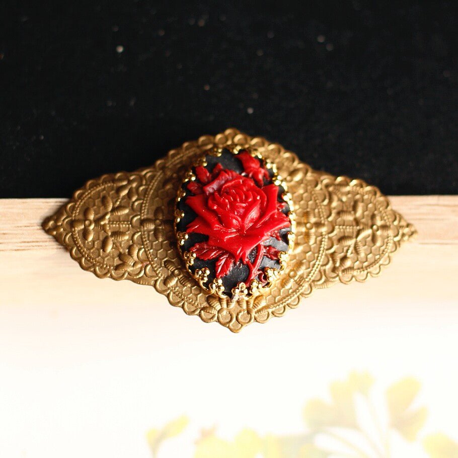 Vintage Red Rose Cameo Brooch | Gold Floral Antique Jewelry - Doraflora