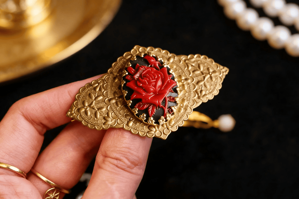 Vintage Red Rose Cameo Brooch | Gold Floral Antique Jewelry - Doraflora