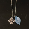 Vintage Silver Cross & Blue Leaf Pendant Necklace | Old Money Aesthetic Jewelry - Doraflora