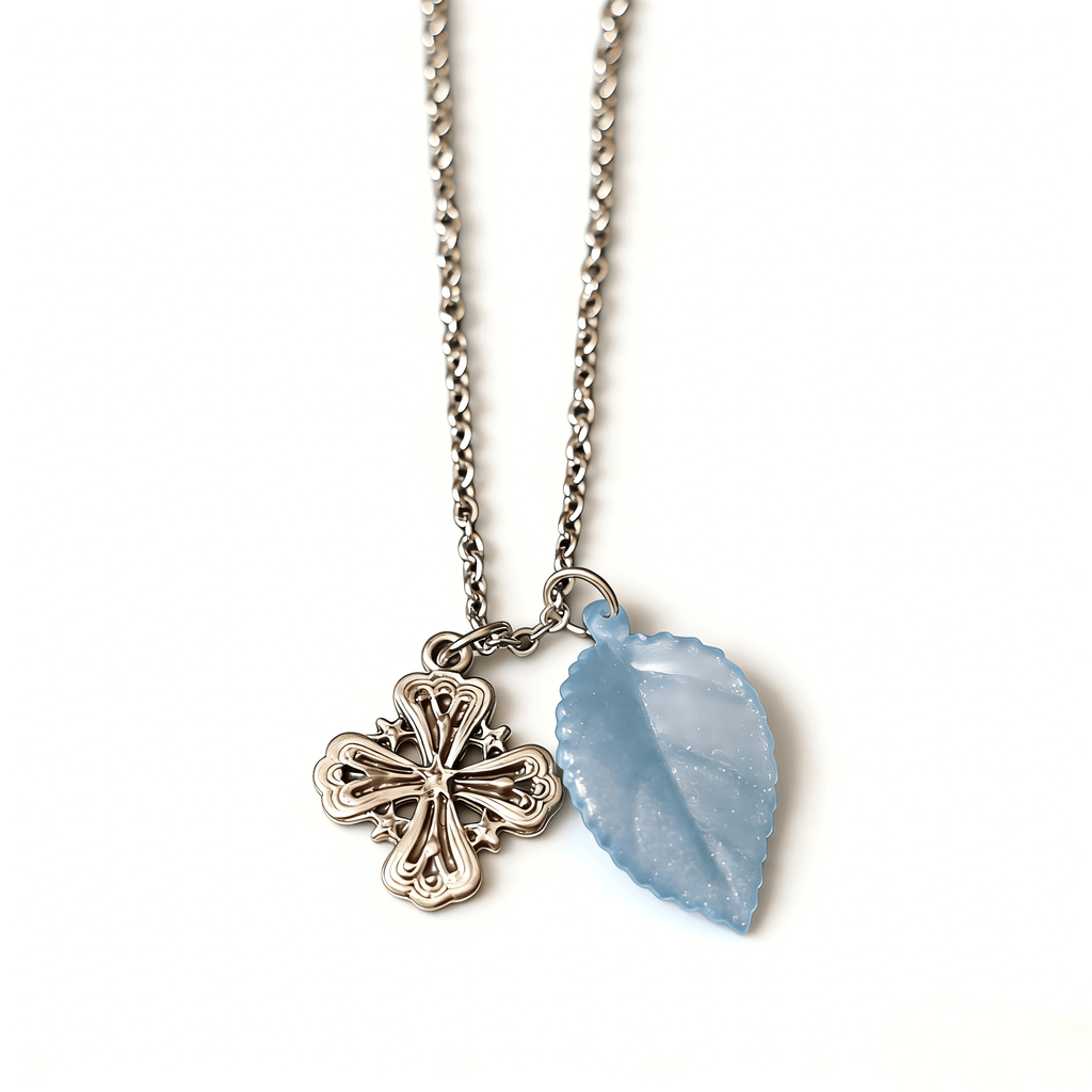 Vintage Silver Cross & Blue Leaf Pendant Necklace | Old Money Aesthetic Jewelry - Doraflora