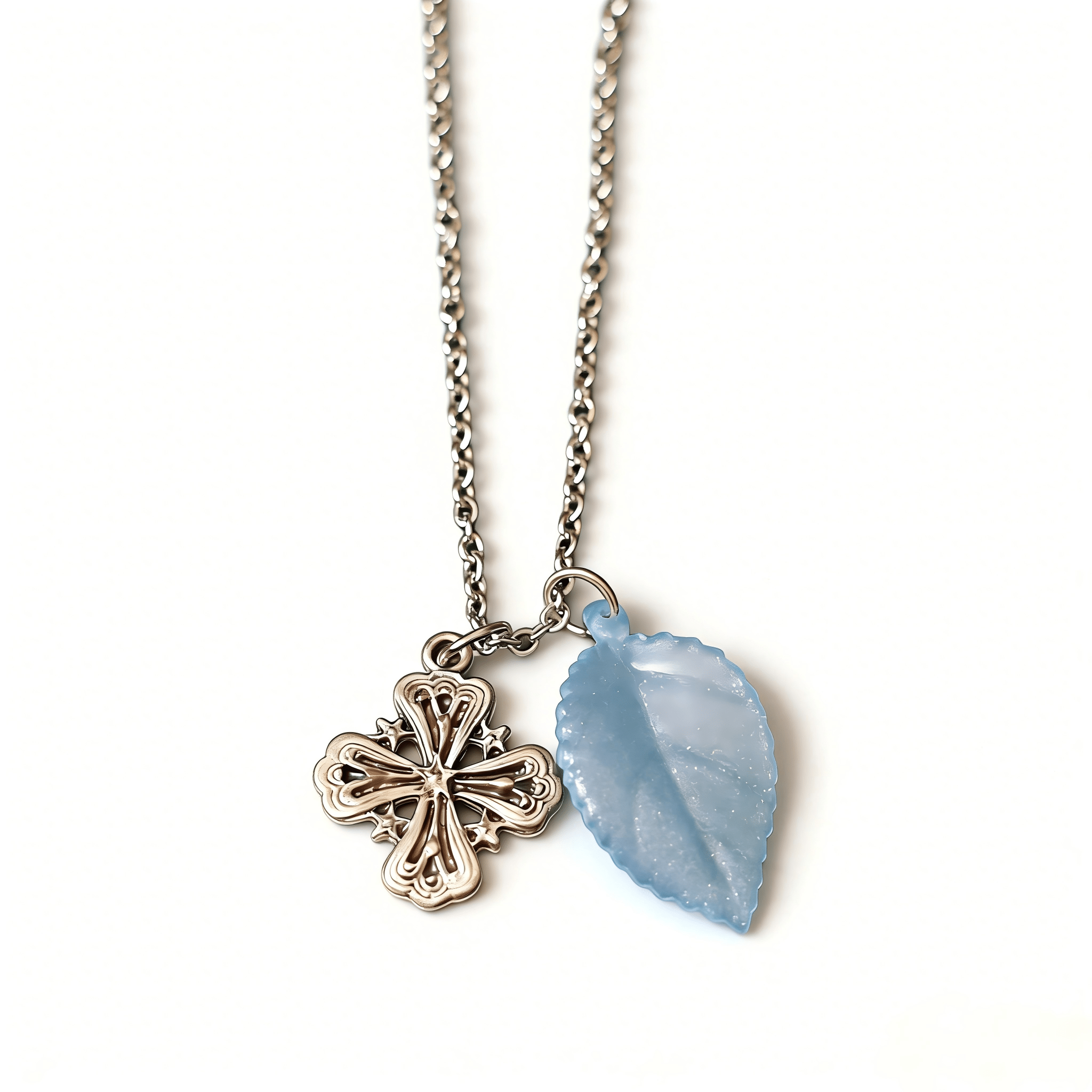 Vintage Silver Cross & Blue Leaf Pendant Necklace | Old Money Aesthetic Jewelry - Doraflora