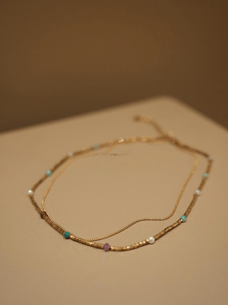 Waterproof Layered Gold Choker with Natural Turquoise, Amethyst & Pearl Beads - Doraflora