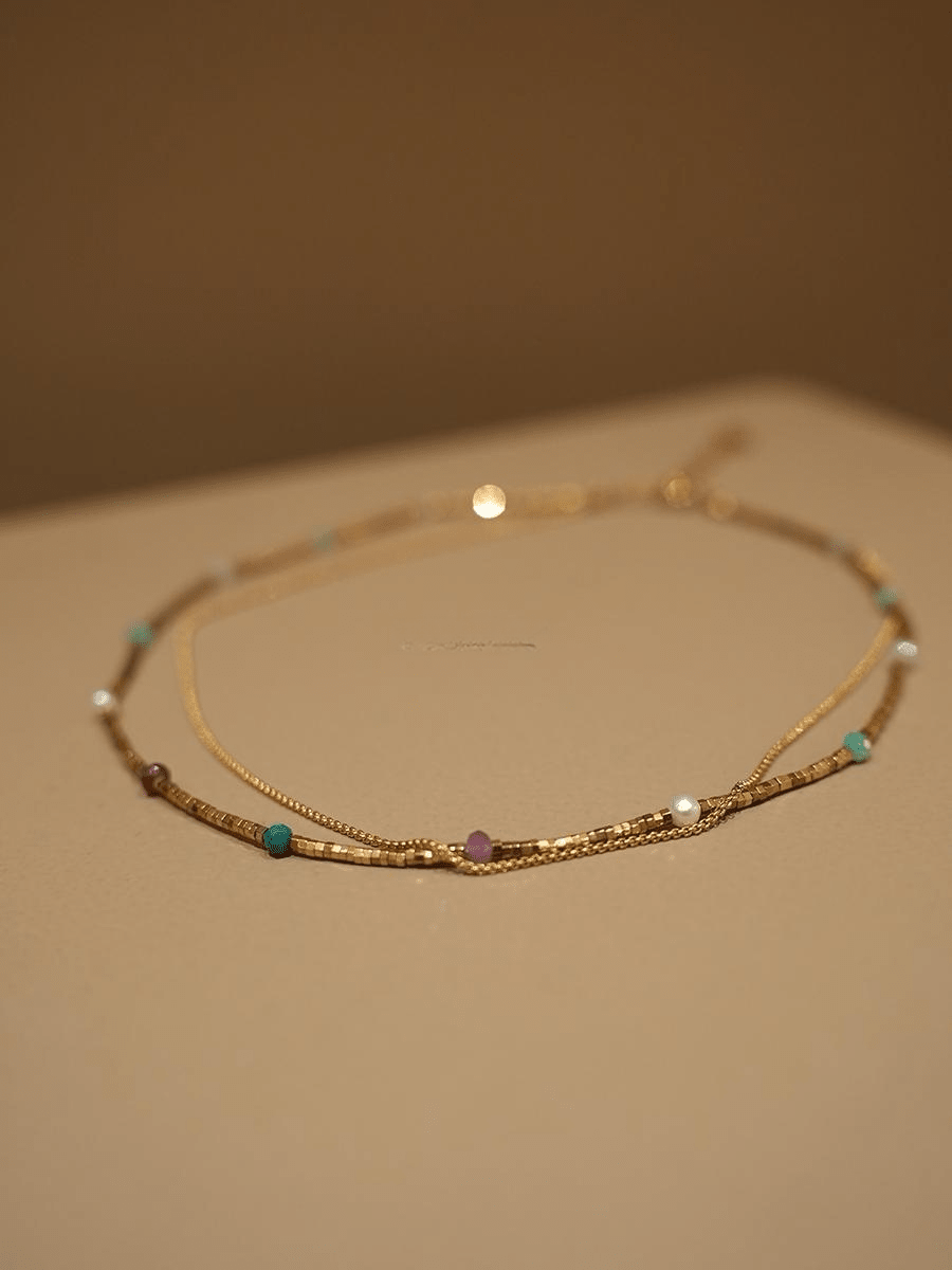 Waterproof Layered Gold Choker with Natural Turquoise, Amethyst & Pearl Beads - Doraflora
