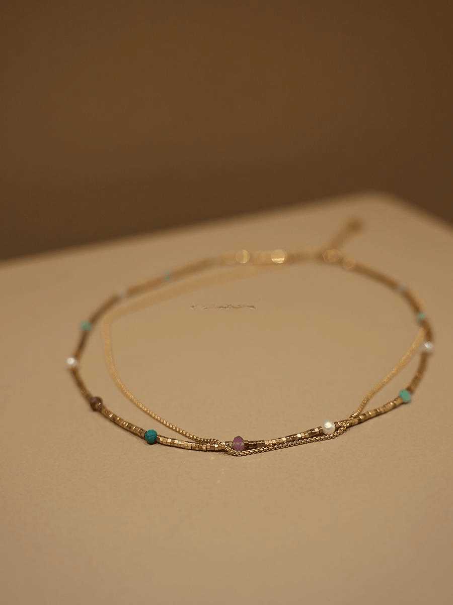 Waterproof Layered Gold Choker with Natural Turquoise, Amethyst & Pearl Beads - Doraflora