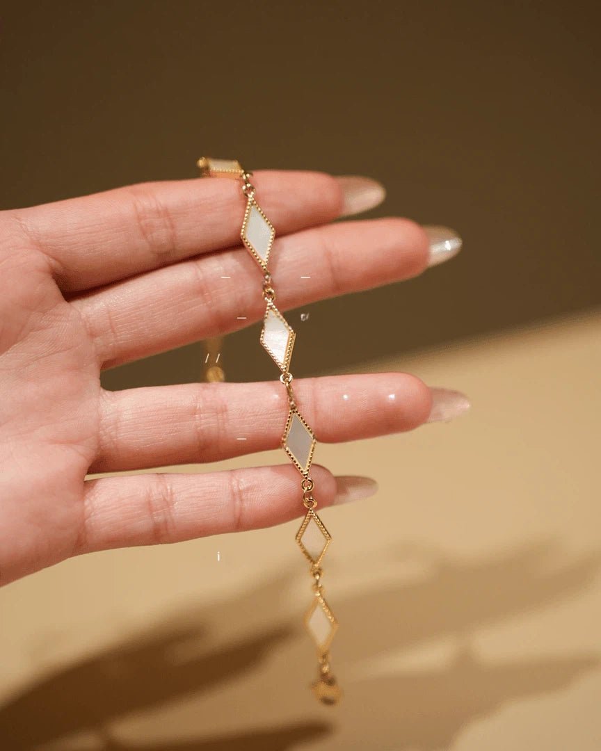 White Shell Rhombus Titanium Steel Bracelet - Tarnish - Free Gold Chain - Doraflora